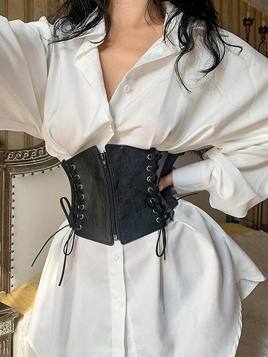 1pc Women's Dark Punk Style Adjustable Drawstring Zip-Up Crop Top, Suitable For Daily Wear (Reference Real Photos 9-11 For Bulk Order) - Black - View 1