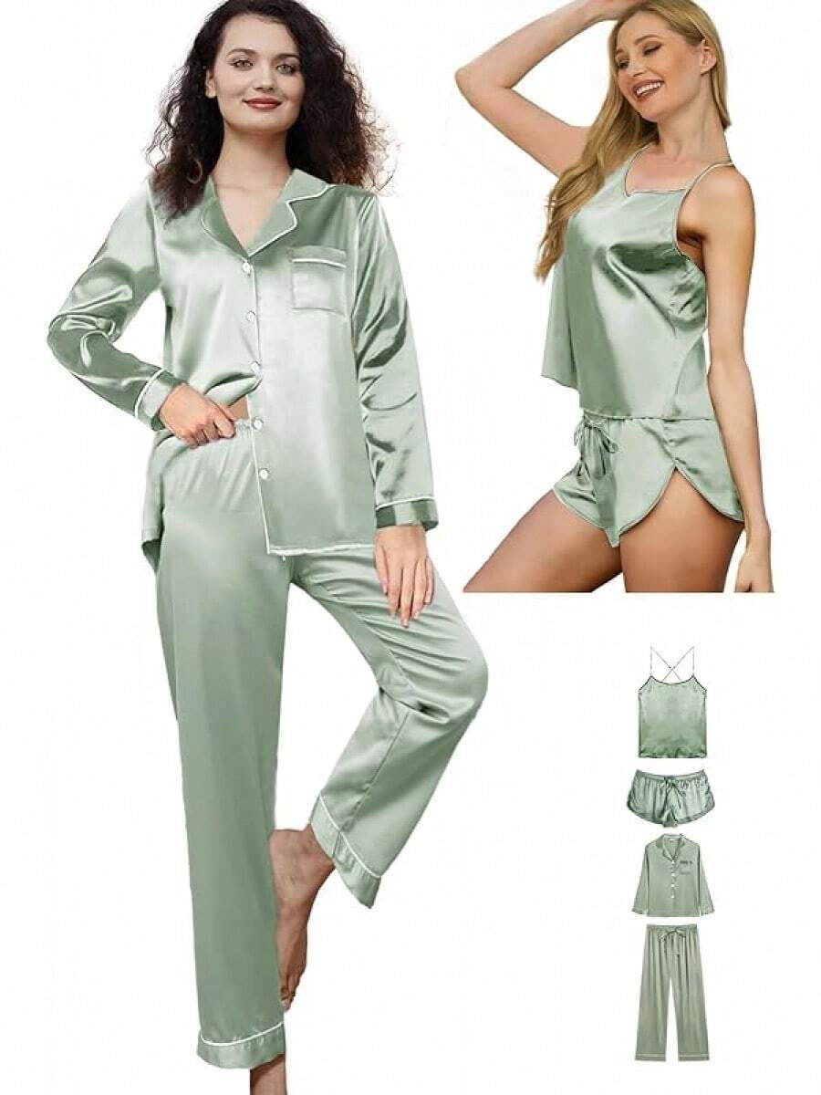 4Pcs Womens Silk Pajama Sets Satin Pajamas Set Sexy Cami Lingerie Pjs Nightwear Silky Pj Loungewear Sleepwearhalloween - 聖人 - 查看 1