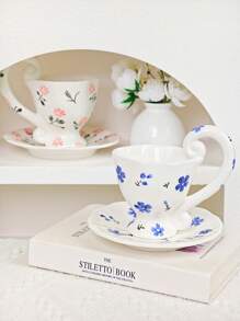 1 Set Taza de café de cerámica pintada a mano con plato, de estilo floral, de gran tamaño para uso doméstico y regreso a la escuela