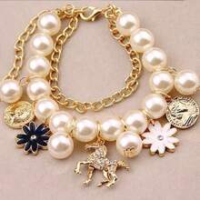 1pc Rhinestone Studded Horse Pendant Pearl & Daisy Flower Beaded Multi-Layer Bracelet Valentine's Day Accessories - Gold - View 2