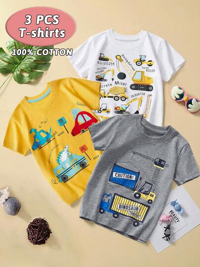 3pcs/Set Young Boy Casual Short Sleeve T-Shirt Top, Cartoon Excavator Print, Fashion Summer