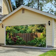1pc 2D Backdrop Banner, Forest Courtyard Fence Landscape Garage Door Banner - Festive Polyester Decor With Vivid Green Plants And Wooden Fencing Design, Ideal For Adding Seasonal Ambiance To Home, Natural Style Durable Outdoor Banner For Garage Decoration