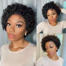 Short Curly Pixie Cut Wig Human Hair 4x4 Closure Glueless Wigs Human Hair Pre Plucked Pre Cut 6 Inch Brazilian Virgin Real Hair Pixie Wigs For  Women Natural Color  180% Density