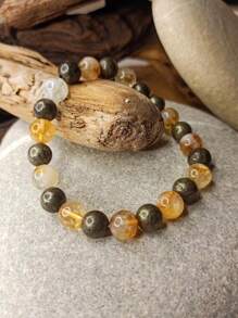 YAUKIA 1pc 8mm Pyrite & Citrine Stretch Bracelet Natural Yellow Crystal Handmade Beaded Bracelet For Women & Men Attracting Money, Prosperity And Success Bracelet Unisex Jewelry