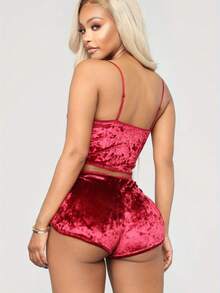 Womens Sexy Velvet Camisole Shorts Set Cute Bow Spaghetti Strap Solid Color Sleeveless Slim Sling Crop Top PJ Set With Shorts Lingerie Set Sleepwear Nightwear - 玫紅色 - 查看 2