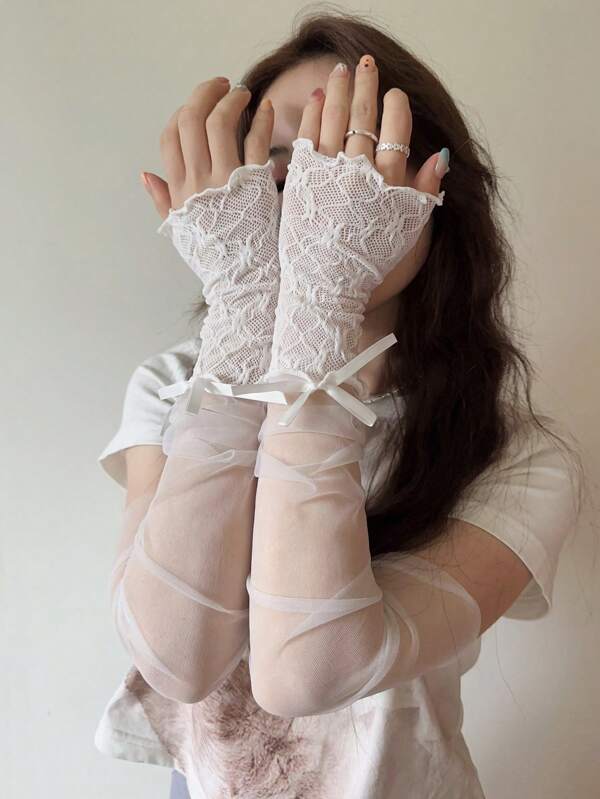 1pair Y2k Ballet Style Sexy Lace Diy Tie-Up Sun Protection Sleeves Lolita Jk Arm Warmers