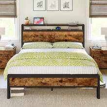 Bed Frame With 2-Tier Storage Headboard And Charging Station, Sturdy Industrial Platform Frame, Noise-Free Metal Construction, No Box Spring Required - Rustic Brown - 查看 2