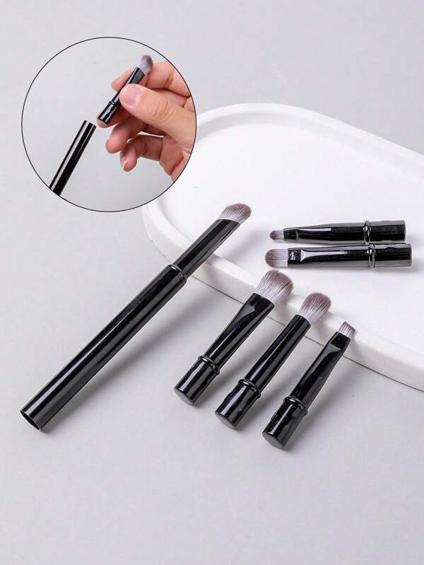 4pcs Mini Professional Makeup Brush Set, Fragrance-Free - For Foundation, Powder, Eyes And Brows - Oval Brush Head Design - Suitable For All Skin Types