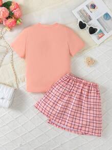 Conjunto de 2 piezas de top de manga corta y falda asimétrica con estampado de cuadros para niñas, adecuado para niñas de 4 a 7 años, casual, de calle, de fiesta, look de moda