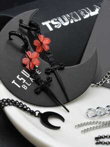 suteyi 1 Pair Gothic Style Sakura Sword Black Earrings, Fantasy Floral Weapon Aesthetic Jewelry - Multicolor - View 3