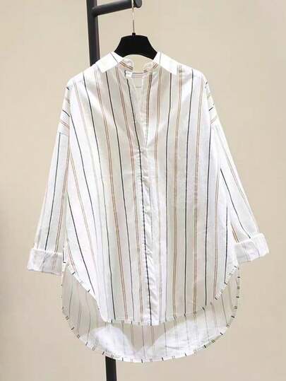 女士休闲条纹长袖衬衫，前襟纽扣设计，不对称下摆，立领，聚酯纤维材质