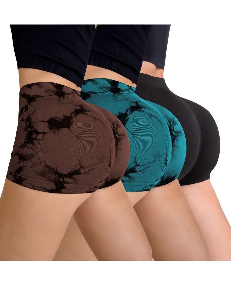 3pcs/Set Women's Seamless Tie-Dye Yoga Shorts, High Waisted, Moisture-Wicking, Breathable, Versatile For Daily & Sports Wear