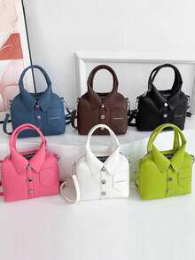 【迷你】时尚女士手提包，独特衬衫设计，轻便休闲单肩包，可拆卸肩带，正面有翻盖口袋，适合日常使用，必备手提包 | 时尚合成皮革包 - 彩色 - 查看 12