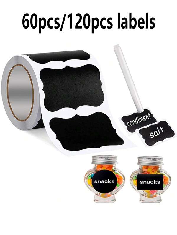 Kitchen Bottle Waterproof Reusable Blackboard Label+1 Liquid Chalk Mark, Movable Blackboard Label Sticker, Used For Spice Jars, Mason Jars, Party Decoration, Craft Rooms, Weddings, Storage, Glass Bottles, Household And Kitchen Supplies