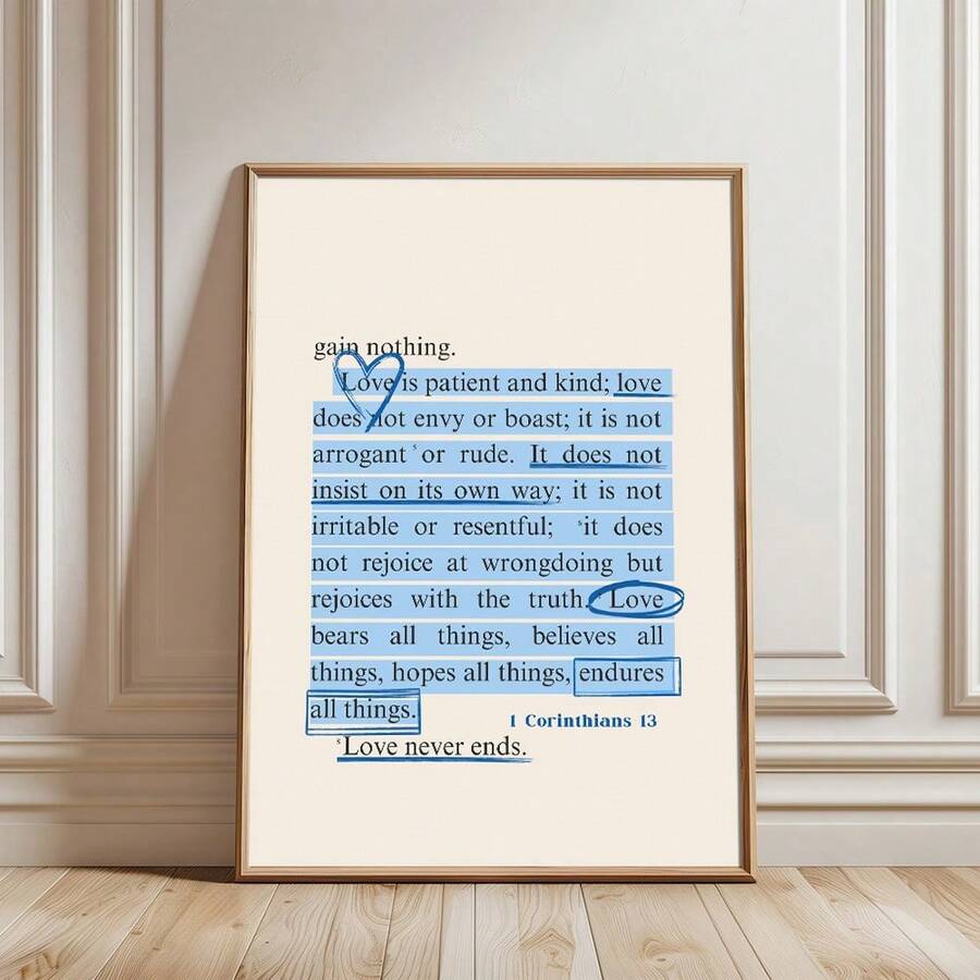 1 件无框蓝色基督教爱情名言墙艺术海报帆布印刷简约圣经经文宗教画适用于宿舍、客厅、卧室、现代家居装饰