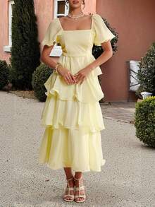 PoPoHouse 女装夏季中长款连衣裙温柔风收腰显瘦荷叶边半身裙 - 黃色 - 查看 1