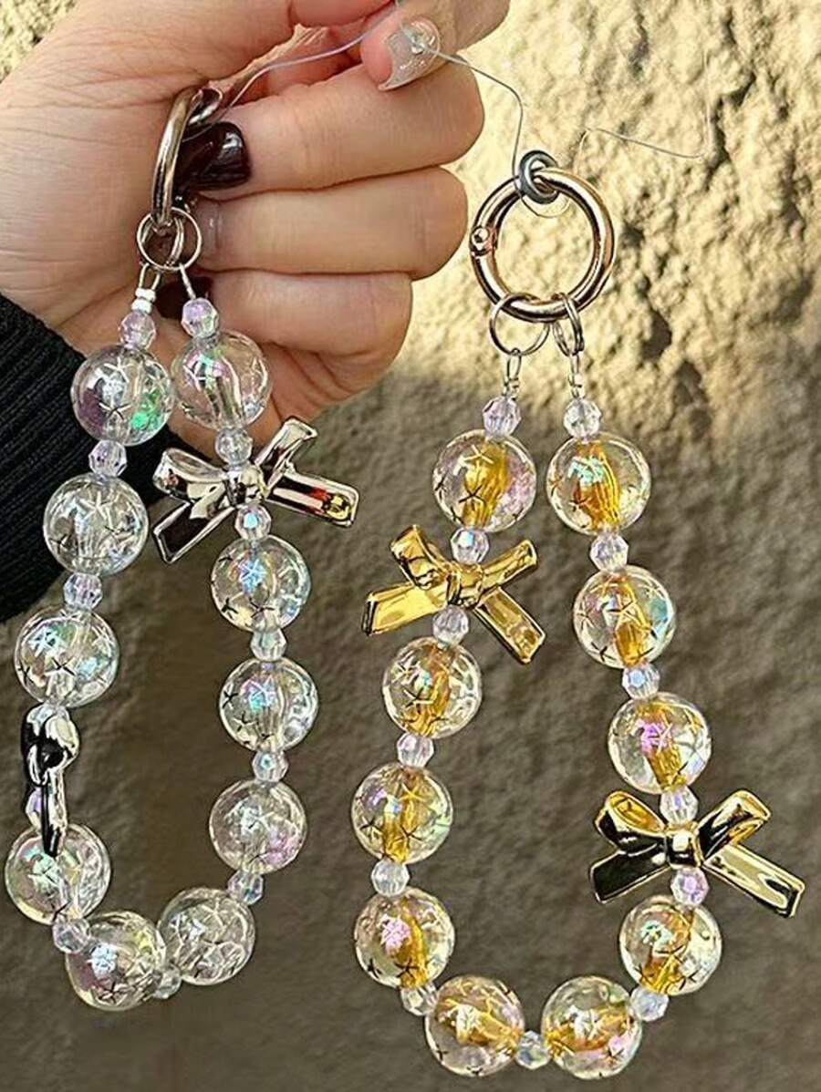 Pulsera de mujer con cuentas de cristal dorado y lazo, correa para teléfono anti-pérdida, regalo de Año Nuevo