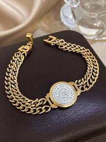 1 pieza Brazalete de cadena con cara de reloj de acero inoxidable con baño de oro y circonita con corte de diamante para mujeres: Lujo de dos capas, Eslabones de CZ, Regalo para mamá, Regalo para maestro, Esencial para playa, viajes y fiestas de verano, Accesorio para rave/baile de graduación/fiesta/diario, Joyería dorada, Regalo de vuelta a la escuela, Regalo de cumpleaños