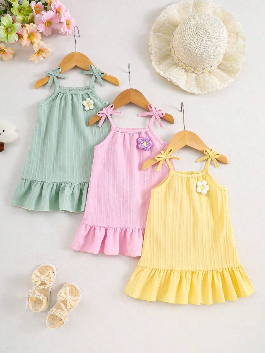 3pcs Set Baby Girls' Casual Sleeveless Dress, Sweet & Cute Daily Outfit, Solid Color Minimalist Style, Lovely & Charming Girls' Clothes Suitable For Spring & Summer Outdoor Play - Multicolor - View 1