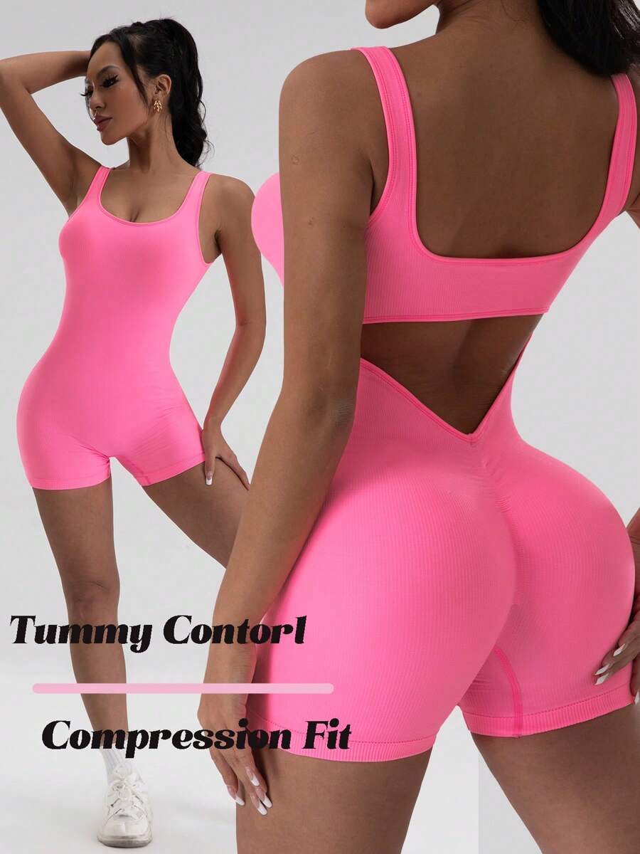 Nahtloser Damen Sportanzug ohne Ärmel und Rücken, Pink
