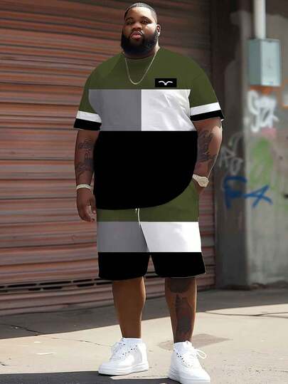 Plus Size Men Plaid Patchwork Outdoor Sports & Leisure Suit, Camping Hiking Outfit, Business Commute Wear