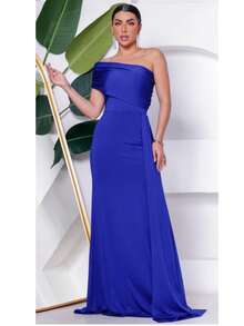 Long Women's Party And Event Dress Elegant Bridesmaids And Guests Fluity Knit With Lined Cup One Shoulder Unilateral Zero Sleeve Detail At The Waist Fluid Draped Shoulder One Size Fits 36 To 42 - 寶藍色 - 查看 1