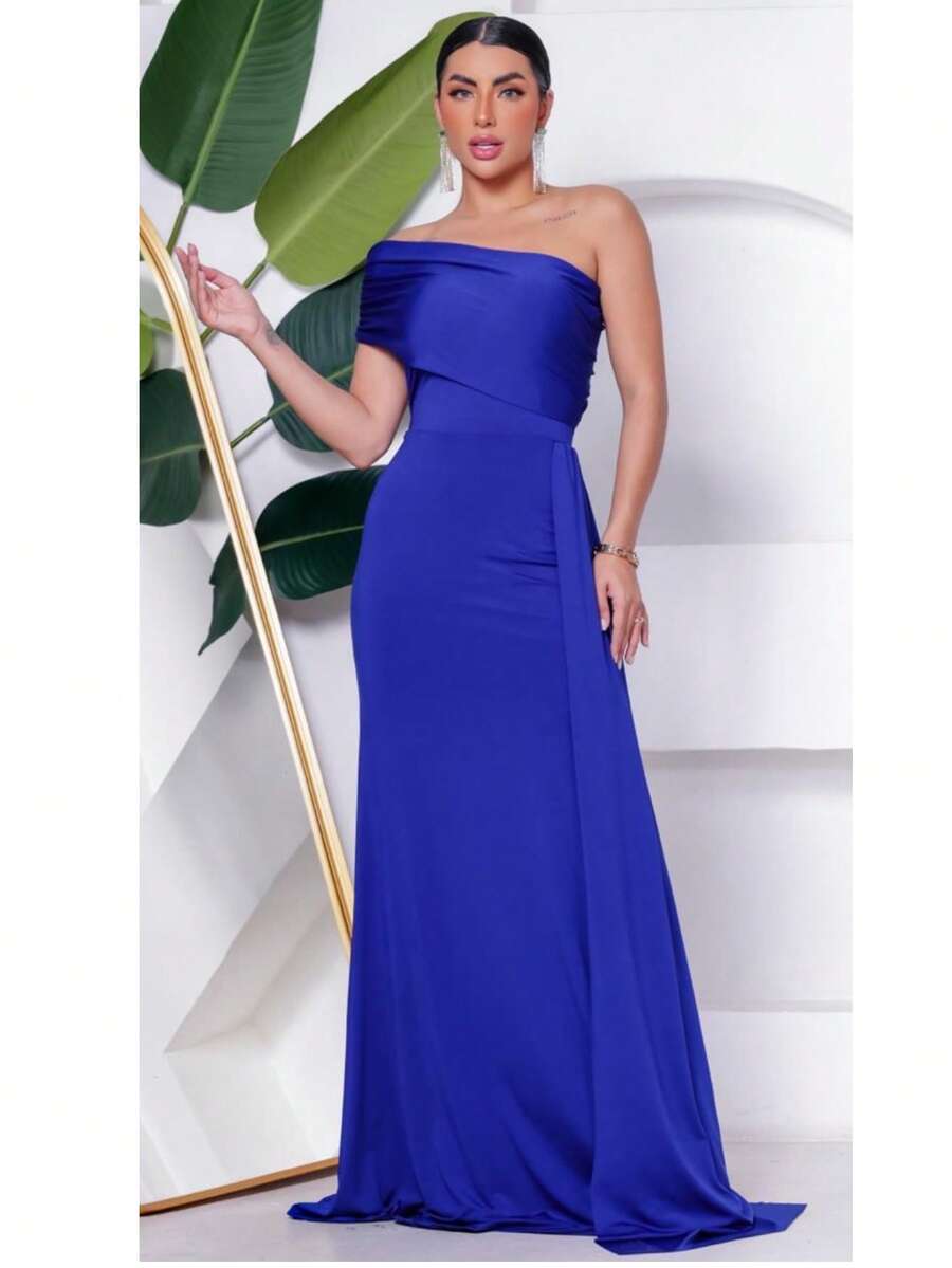 Long Women's Party And Event Dress Elegant Bridesmaids And Guests Fluity Knit With Lined Cup One Shoulder Unilateral Zero Sleeve Detail At The Waist Fluid Draped Shoulder One Size Fits 36 To 42 - 寶藍色 - 查看 1