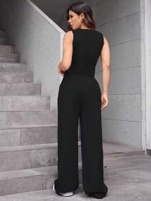 A&DD MODA, Ref: AS1431 – Women's Plain Suit, High-Waisted Straight Casual Pants, V-Neck Cardigan, Sophisticated Look, High Quality, Modern Look, Versatile Piece, Elegant Style, Two-Piece Set, Casual Chic Look, Comfortable And Stylish, Skirt With Pockets, Elastic Waistband, Eye-Catching Piece, Perfect For Spring And Summer, Blogger Style, Casual And Formal, Suitable For All Occasions, Elegant And Fresh, Feminine Look, Summer 2025 Collection. - 黑色 - 查看 2