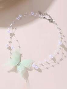 1件时尚优雅蝴蝶项链，多层仿珍珠水晶颈链，隐形蝴蝶项链，女士珠宝，适合日常佩戴，精致配饰，适合派对和度假 - 彩色 - 查看 10