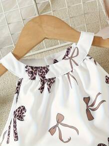 Young Girl Bow Print Casual Cold Shoulder Top And Shorts Set
