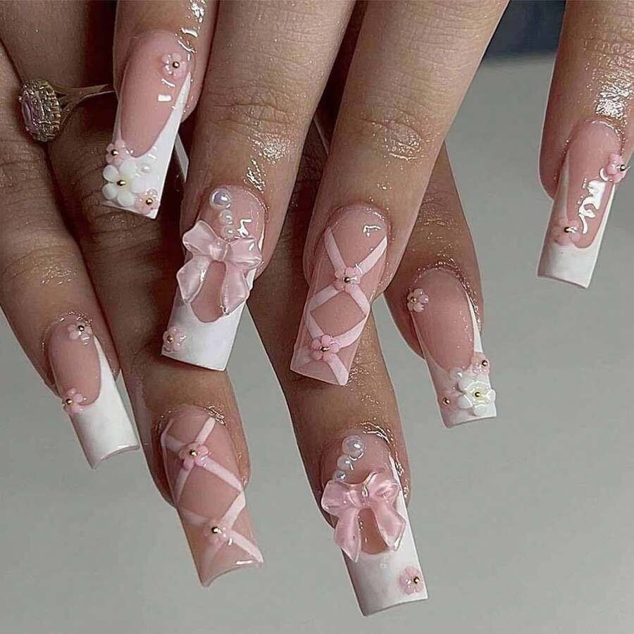 Press On Nails Medium Long Pink Nails Square Bling Glossy 3D False Nail Tips Artificial Nails Finger Manicure Women And Girls-24pcs - 彩色 - 查看 1