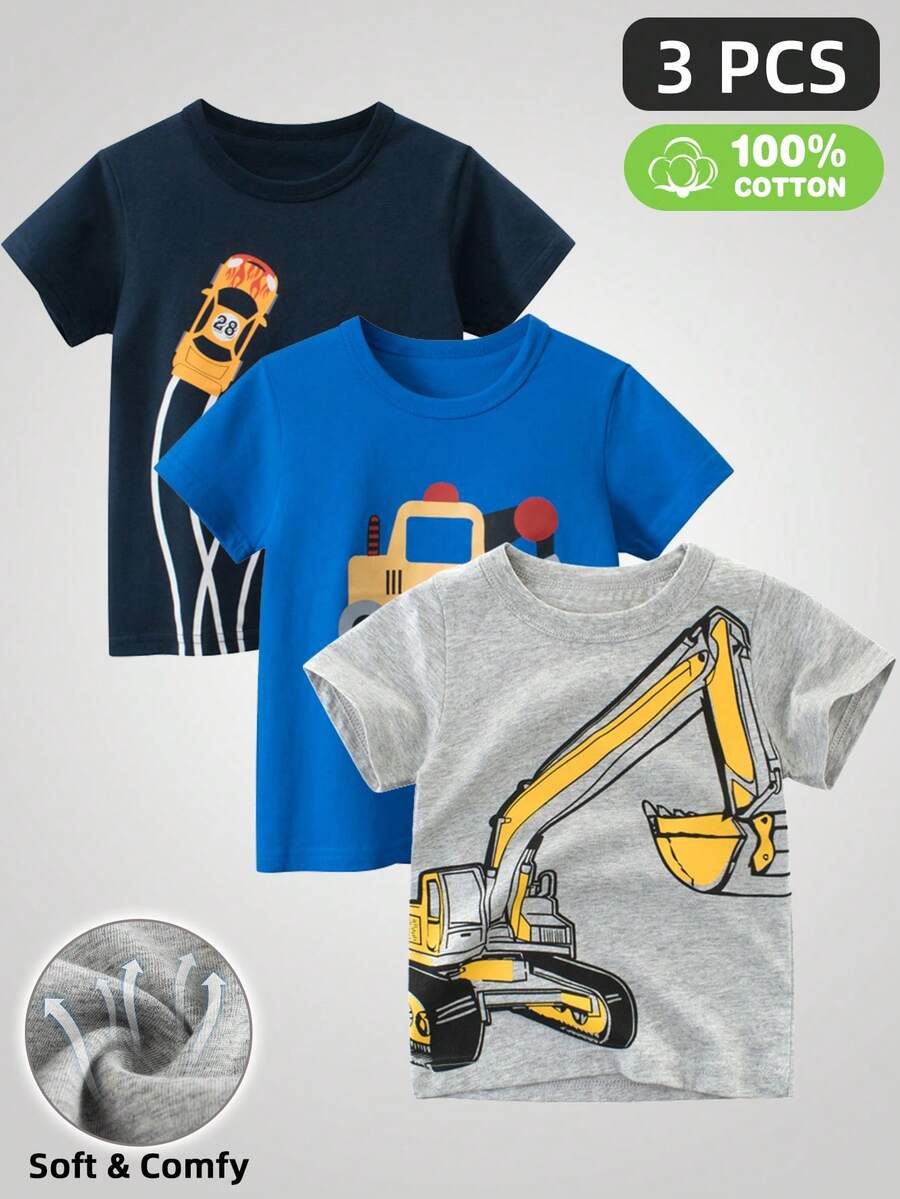 Young Boy 3-Piece Set Summer New Excavator & Car & Letter Printing Short Sleeve T-Shirt - Multicolor - View 1