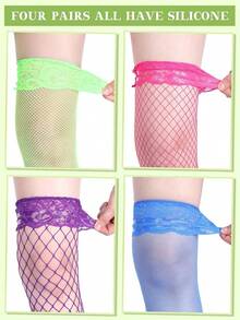 Bencailor 4 Pairs Fishnet Thigh High Stocking For Women Silicone Lace Top Sheer Over Knee Silky Stockings - 藍色,綠色,粉紅色,紫色 - 查看 5