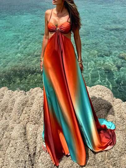 Vestido Maxi Feminino Boho Ombré - Elegante e Sexy Vestido de Praia Sem Costas | Ideal para Férias de Verão, Lua de Mel, Feriados e Sessões de Fotos | Vestido de Resort Fluido, Confortável e Moderno