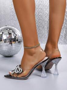 Sandálias de salto alto transparentes com bico fino e laço de cristal, modelo 2025, estilo fada, perfeitas para a primavera e o verão. - Preto - Ver 6