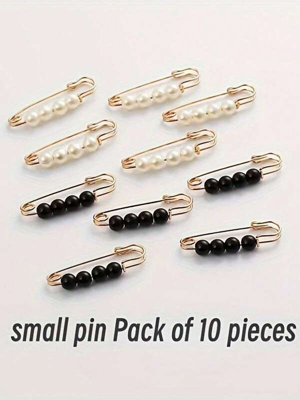 10pcs Elegant Pearl Safety Pins - Gold With White & Black Pearls, Great For Crafting, Sewing, Fashion Accessory, DIY Projects, Stylish Gold Plated Decoration