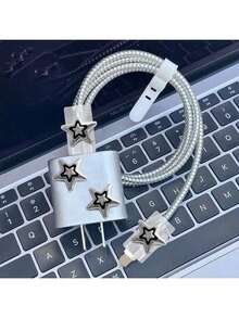 5 件套星形/心形/天使英式数据线保护套，适用于 Apple 充电器和数据线，兼容高达 20W 的 充电器，防止断裂 - 656五角星-銀-白 - 查看 6