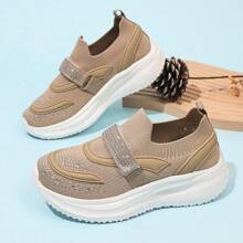 1 par de zapatos tipo calcetín de niños, versátiles, de punto transpirable, zapatos casuales de viaje y deporte para niñas con rhinestones, tela de malla, de fácil puesta con cinta mágica, para primavera/verano