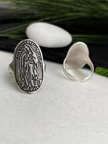 1 Piece Of Virgin Mary Pattern Long Oval Retro Fashion Copper Antique Silver Women's And Men's Open Ring, Suitable For Festival Parties And Dances - 復古銀色 - 查看 1