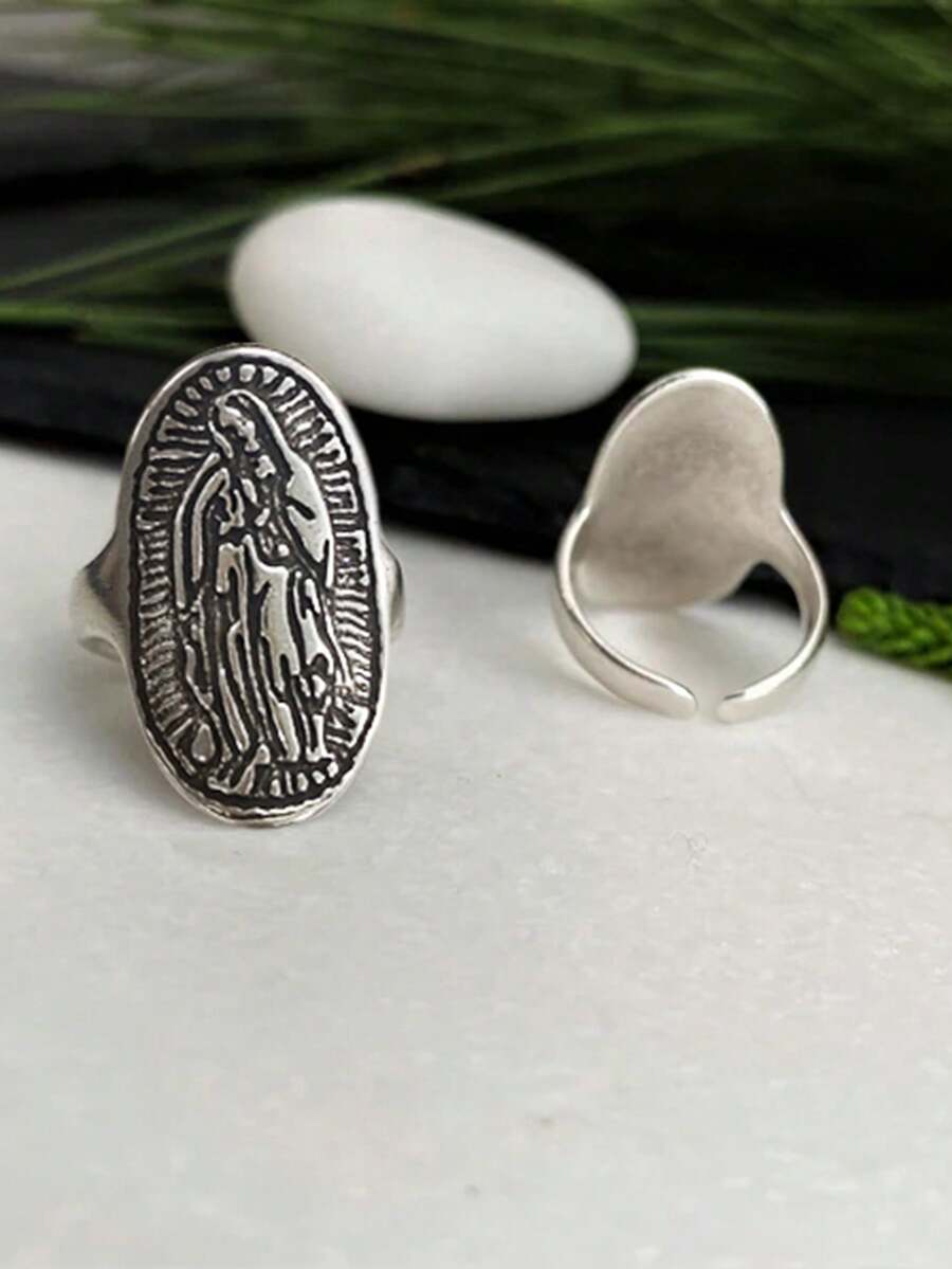 1 Piece Of Virgin Mary Pattern Long Oval Retro Fashion Copper Antique Silver Women's And Men's Open Ring, Suitable For Festival Parties And Dances - 復古銀色 - 查看 1