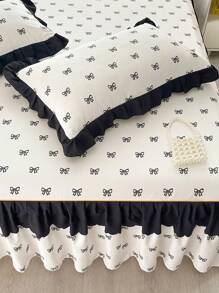 3pcs Bedding Set (1pc Bed Skirt + 2pcs Pillow Cases), Cute Romantic Floral & Bow Design With Double Ruffled Skirt, Elegant French Style, Suitable For Queen/Twin Bed, All Season