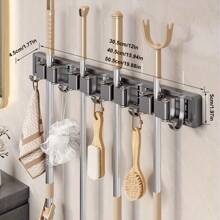 1pc Wall-Mounted Metal Broom Holder Rack With Adjustable Hooks, Suitable For Bathroom, Kitchen, Garden, Laundry Room, Garage Storage Organizer - Powder Coated Surface, Space-Saving Rack For Broom, Mop, Tools, Shelves