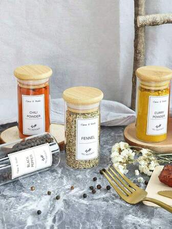 192 pièces Set d'étiquettes alimentaires de cuisine, étiquettes de bocaux en verre, autocollants de classification de bouteilles d'épices, autocollants d'étiquettes blanches. Rangement et organisation de la cuisine.
