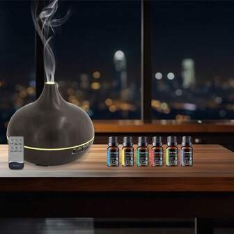 Send 6 Oils,550ml Wood Grain Essential Oil Diffuser, Ultrasonic Humidifier, Remote, 7 LED Colors, Aromatherapy