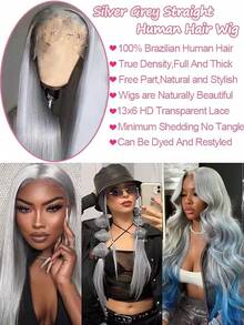 Silver Grey Straight Lace Front Wigs 100% Human Hair 13x4 Transparent HD Lace Frontal Wig Preplucked Gray Colored Wigs 220% Density - Grey - View 8