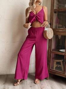 Two-Piece Set Women's Solid Crop Top & Wide Leg Pants, Casual Fashion Cozy For Daily Outdoor Wear, Ladies Clothes For Summer - Pink - View 5