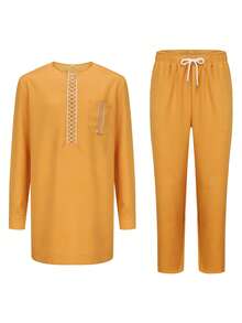 Conjunto de traje tradicional africano para hombre del año 2025, traje de hombre occidental de lujo con bordados, conjunto de atuendo para fiesta festiva, conjunto Dashiki para hombre - Mostaza Amarilla - Ver 2