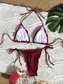 Sultry Sol Bikini chia đôi ren màu đỏ tía thời trang và gợi cảm dự tiệc hồ bơi bãi biển mới cho nữ - Màu Đỏ Sâu - Xem 5