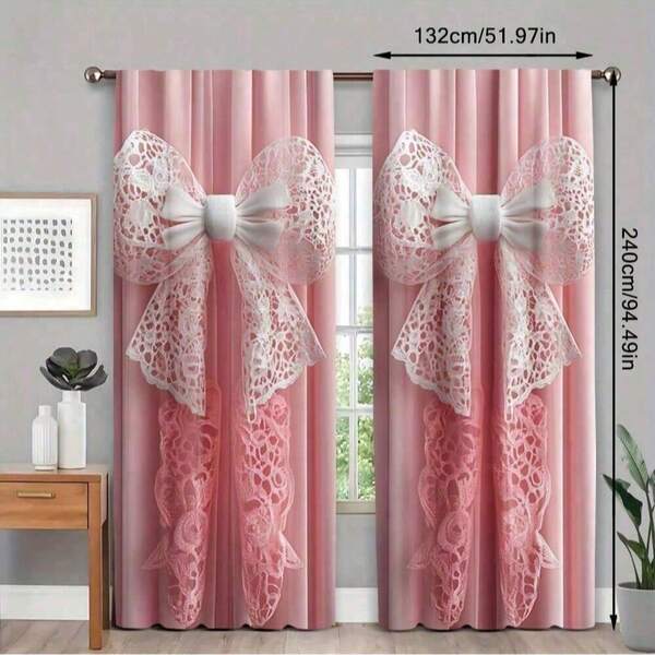 2pcs Pink Bow Pattern Digital Printing Window Curtains, Elegant Home Textile Decoration, Pole Pocket Design For Easy Hanging, Suitable For Bedroom, Living Room, Kitchen, Study, Dining Room, Game Room, Home Decor Essential