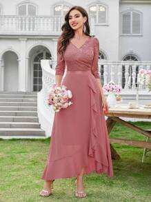 MIUSOL V Neck Floral Lace Ruffle Trim 3/4 Sleeve Evening Party Long Dress